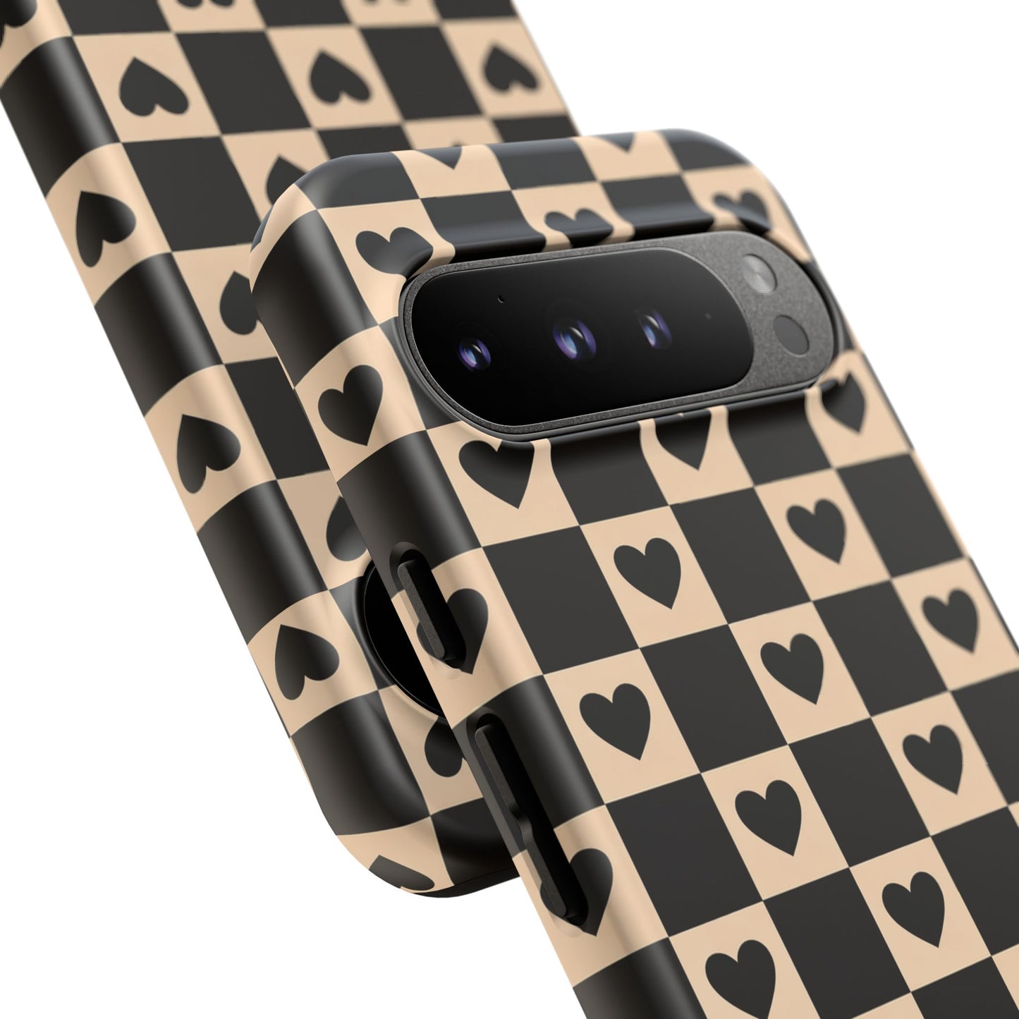 Checkerboard Heart Phone Case – Black & Beige Cute Aesthetic Protective Cover for Iphone, Samsung Galaxy and Pixel