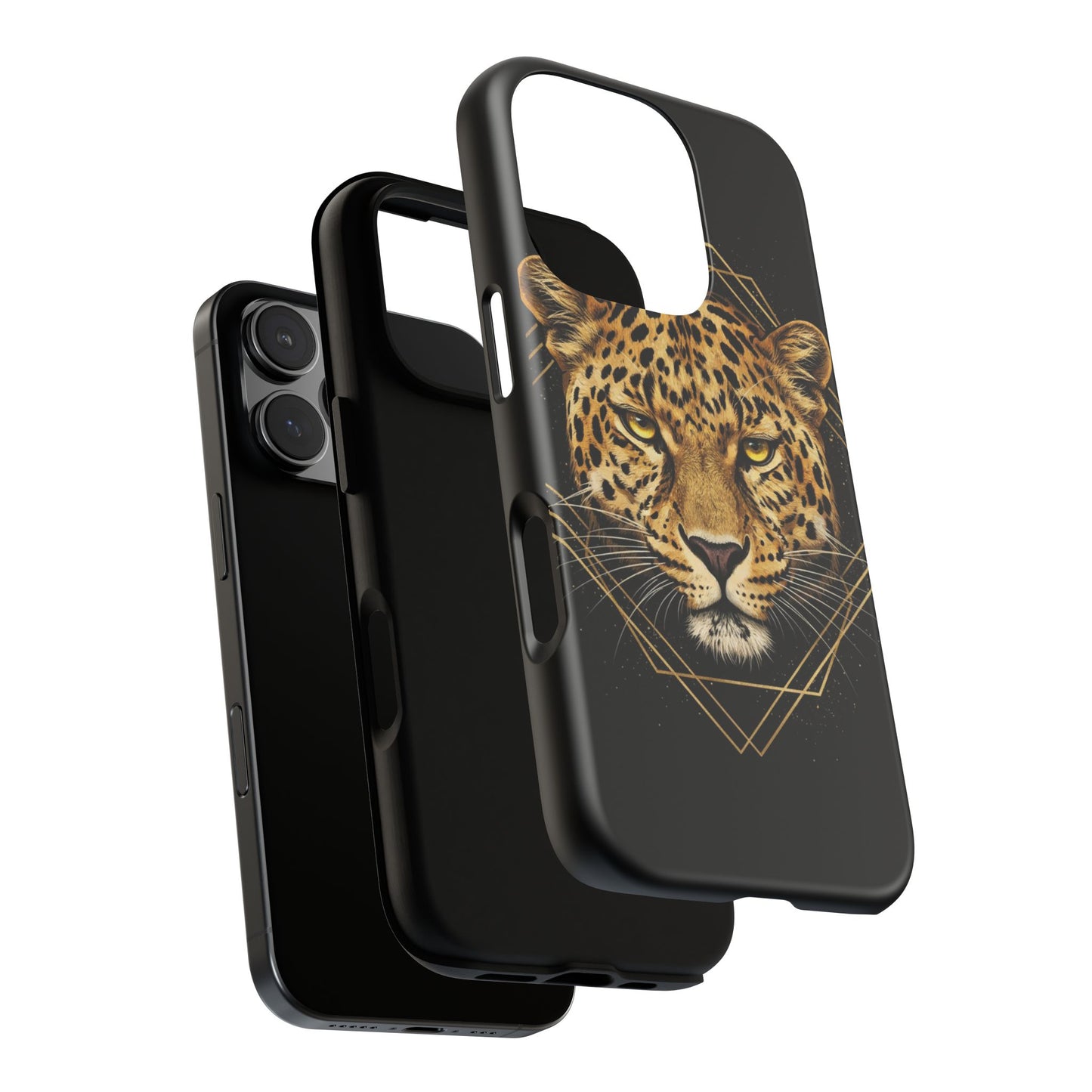 Leopard Head Geometric Phone Case – Black & Gold Luxe Tough Case