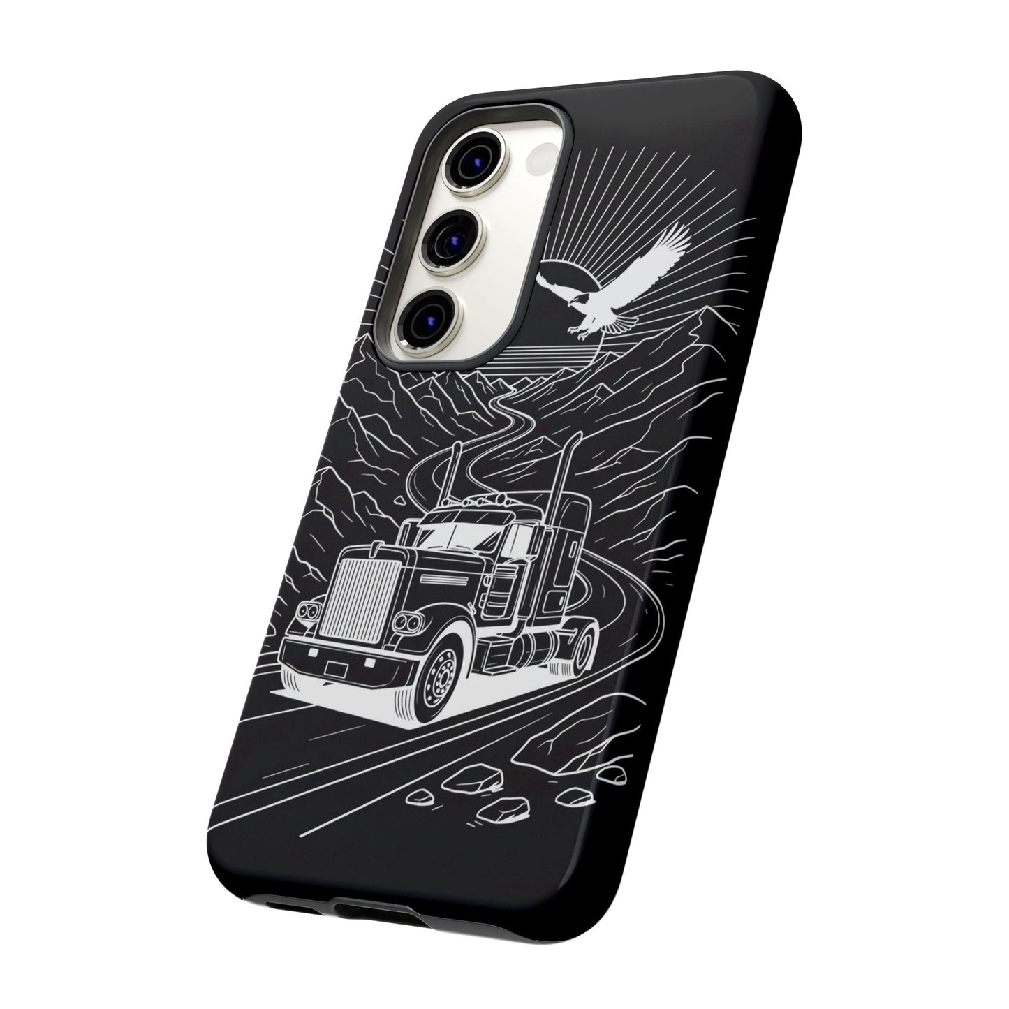 Trucker Highway Phone Case | Eagle & Mountain Line Art | Black Western Tough Case