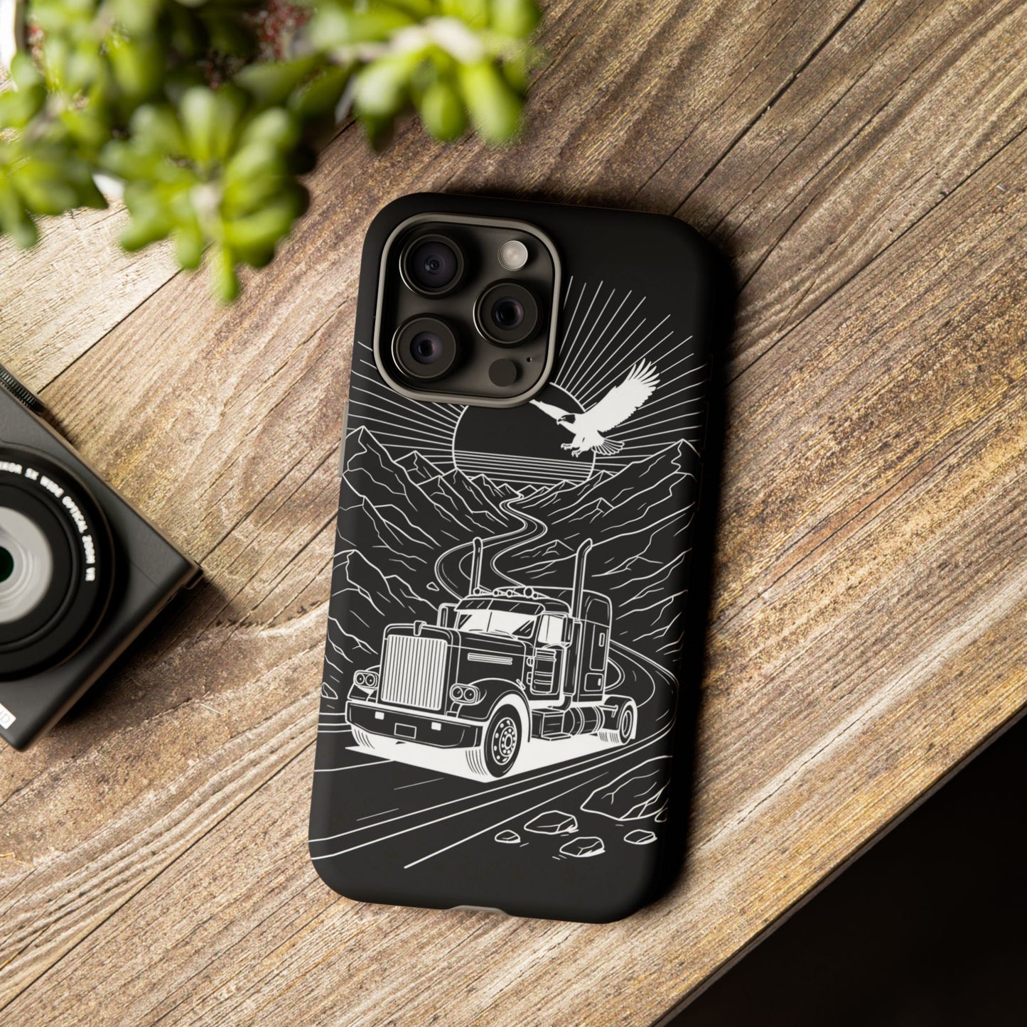 Trucker Highway Phone Case | Eagle & Mountain Line Art | Black Western Tough Case