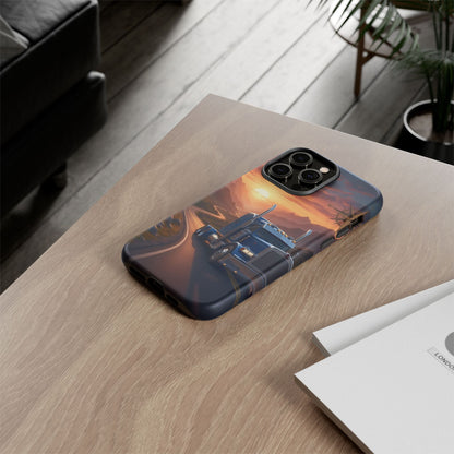 Semi Truck Sunset Phone Case | Trucker Gift | Diesel Truck Highway Road iPhone & Samsung Tough Protective Case