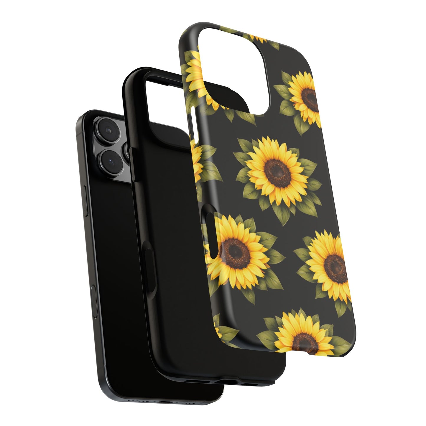 Sunflower Floral Tough Phone Case – Black Background Protective Cover for Iphone, Samsung Galaxy and Pixel