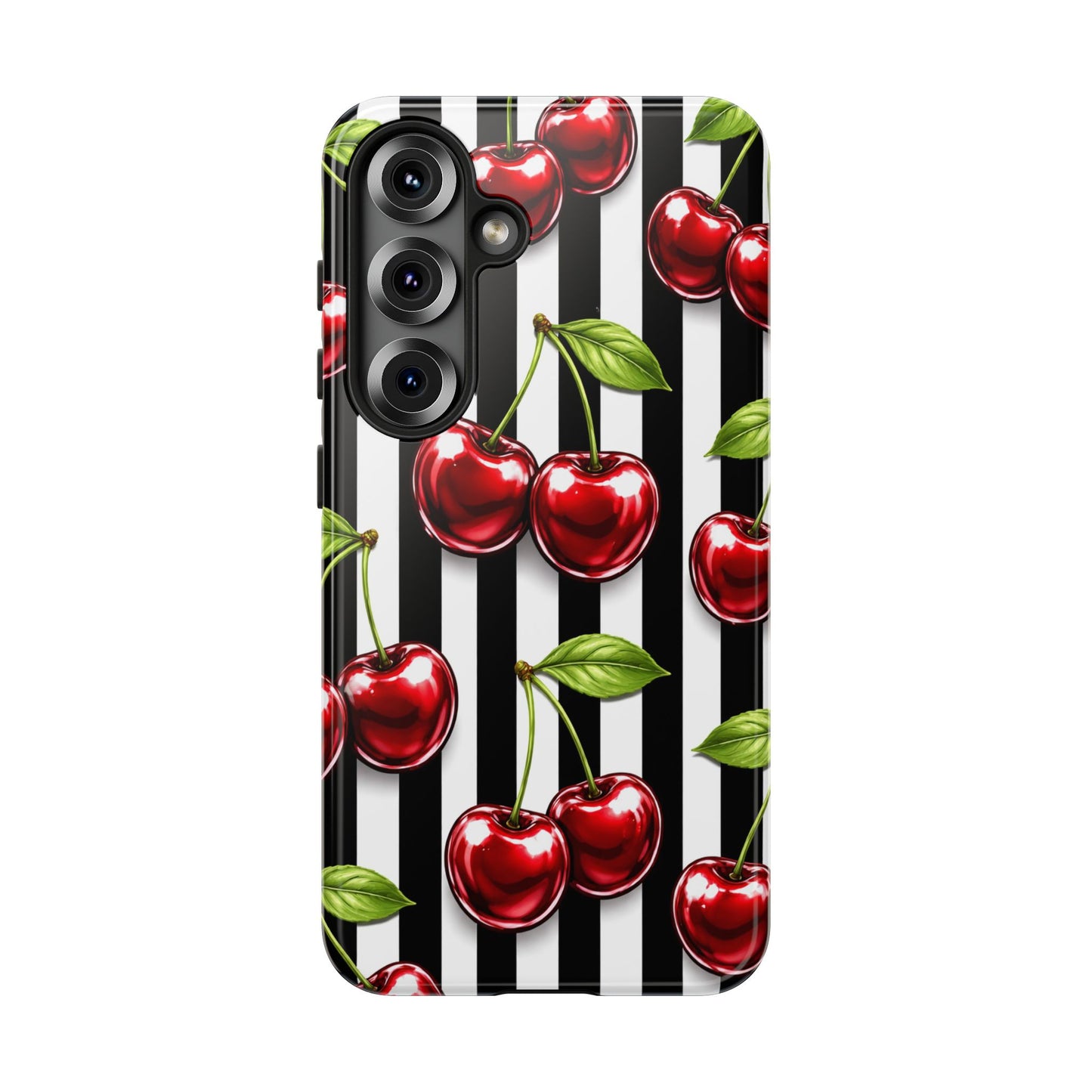 Cherry Pattern Phone Case Black White Stripe Retro Aesthetic Tough Cover