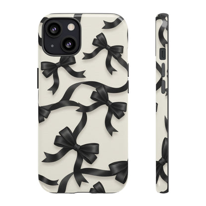 Black Ribbon Bow Phone Case, Minimal Bow Pattern Tough Protective Case