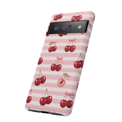 Coquette Cherry Bow Phone Case | Cute Pink Aesthetic Cherry Pattern Tough Case for iPhone & Samsung