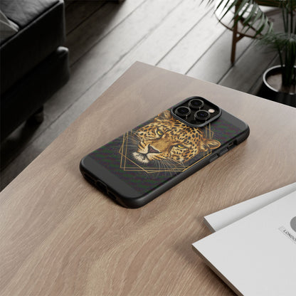 Leopard Head Geometric Phone Case – Black & Gold Luxe Tough Case