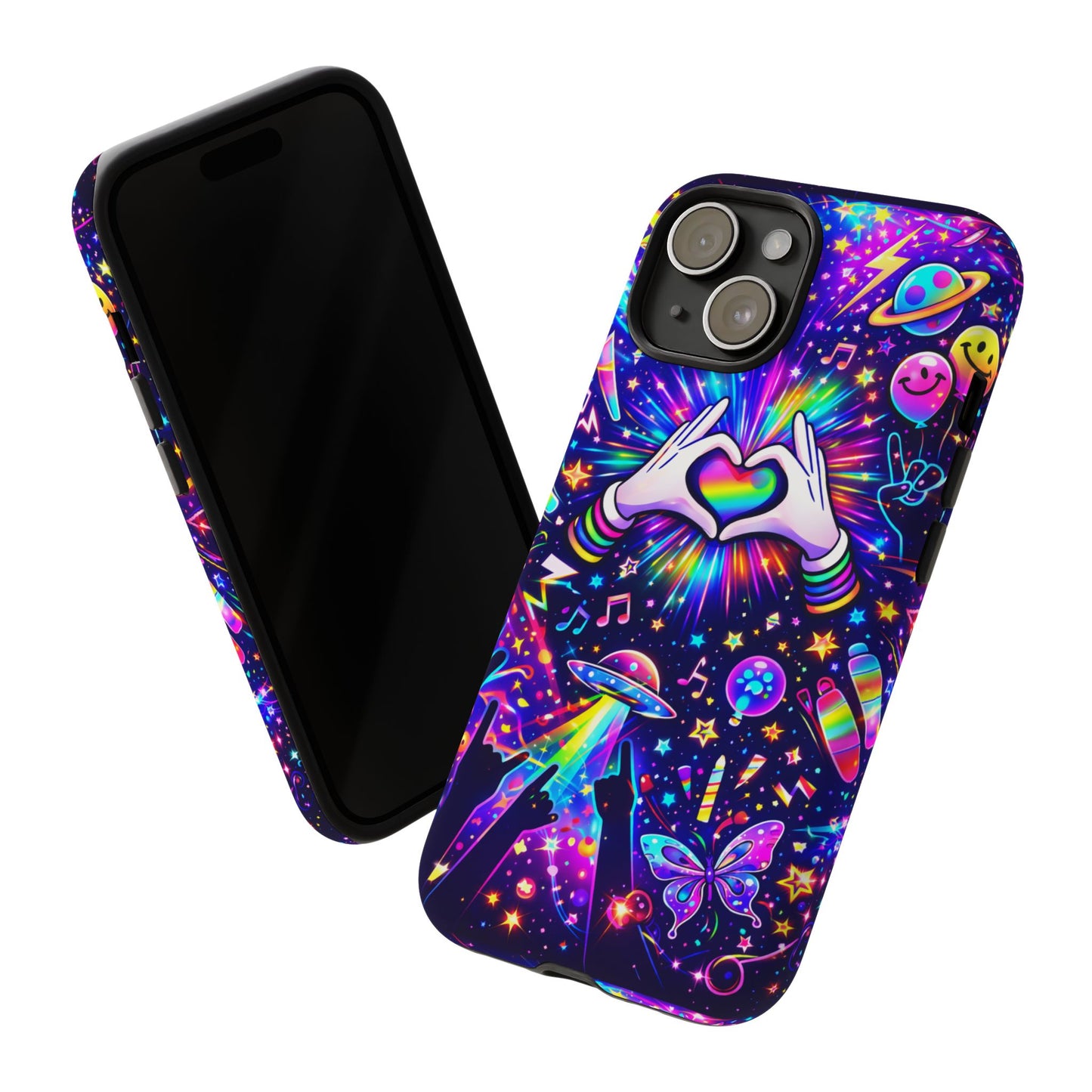 Rainbow Heart Hands Phone Case – Neon Galaxy EDM Festival Tough Cover