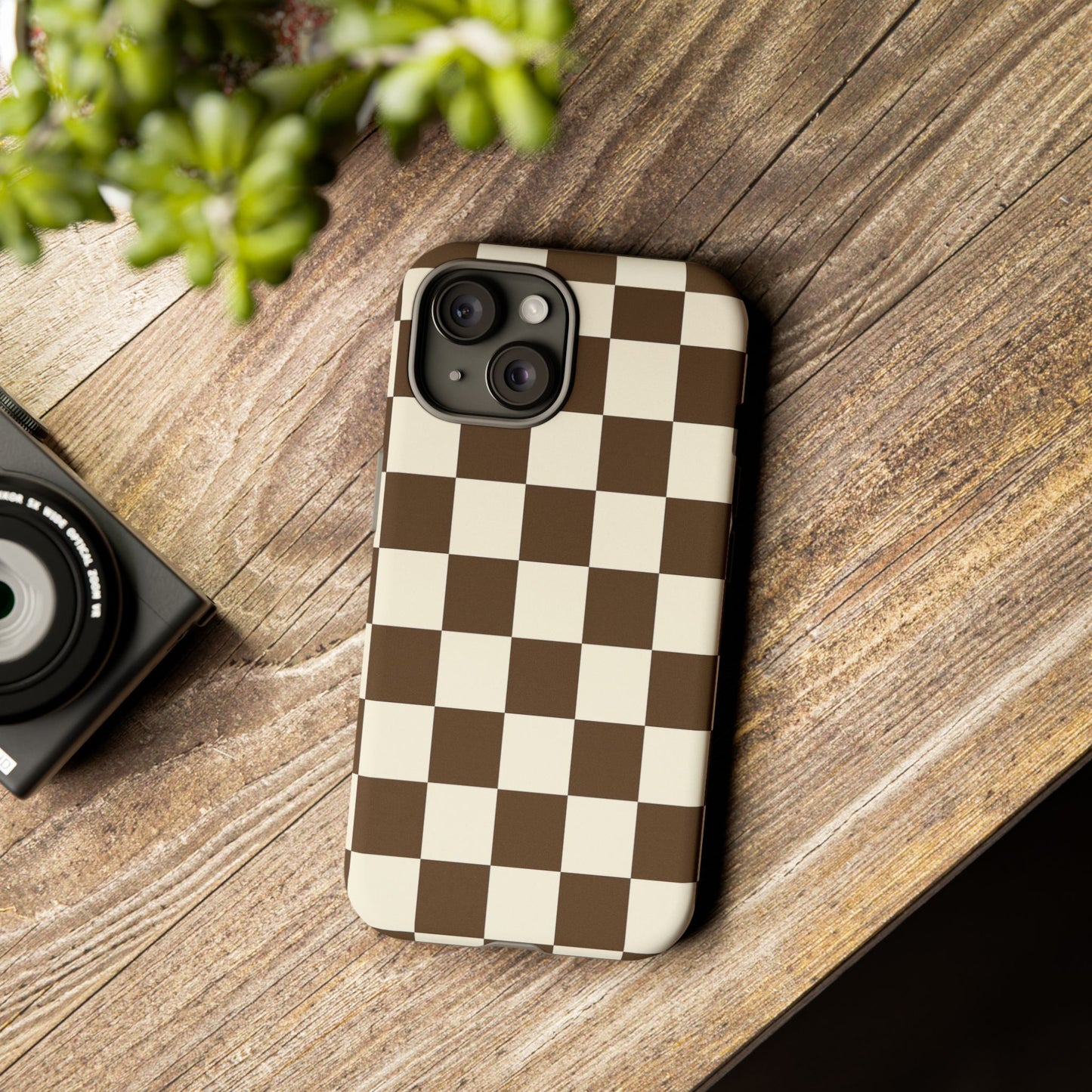 Mocha Checkerboard Phone Case | Neutral Aesthetic Checkered iPhone & Samsung Tough Case