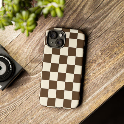 Mocha Checkerboard Phone Case | Neutral Aesthetic Checkered iPhone & Samsung Tough Case