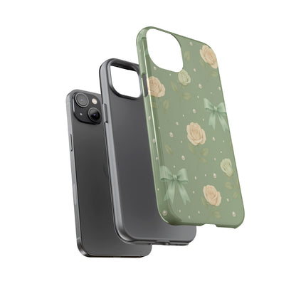 Vintage Rose Bow Phone Case – Sage Green Floral Coquette Aesthetic Tough Case (iPhone, Samsung, Pixel)