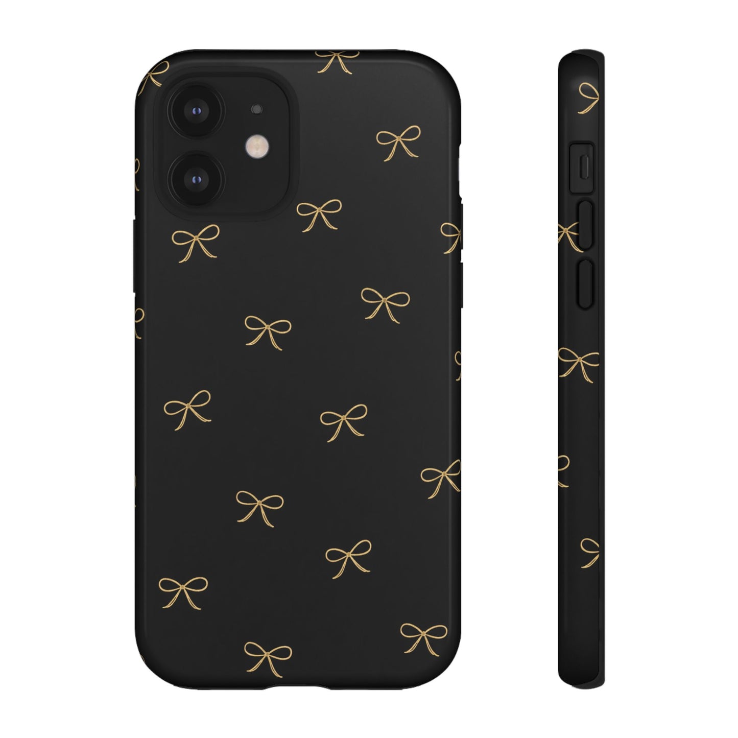 Black Phone Case with Gold Bow Pattern – Slim Protective Cute Aesthetic Cover for Iphone, Samsung Galaxy and Pixel