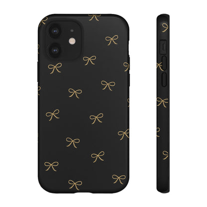 Black Phone Case with Gold Bow Pattern – Slim Protective Cute Aesthetic Cover for Iphone, Samsung Galaxy and Pixel