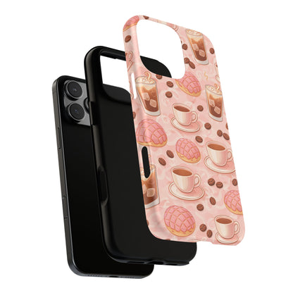 Cute Coffee & Pink Concha Phone Case – Coffee Lover Aesthetic Latte Pattern Tough Case