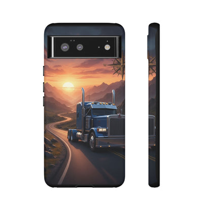 Semi Truck Sunset Phone Case | Trucker Gift | Diesel Truck Highway Road iPhone & Samsung Tough Protective Case