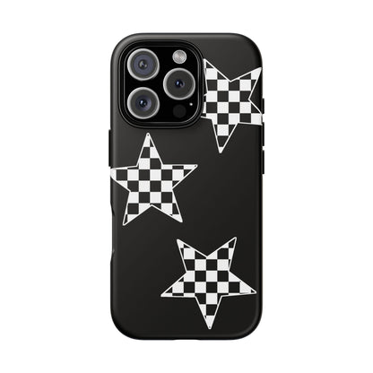 Checkered Star Tough Phone Case – Black Retro Graphic Protective Cover for Iphone, Samsung Galaxy and Pixel