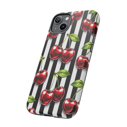 Cherry Pattern Phone Case Black White Stripe Retro Aesthetic Tough Cover