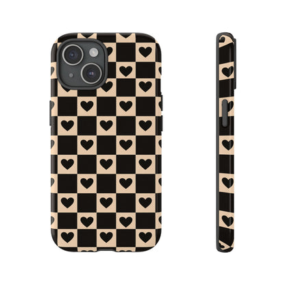Checkerboard Heart Phone Case – Black & Beige Cute Aesthetic Protective Cover for Iphone, Samsung Galaxy and Pixel