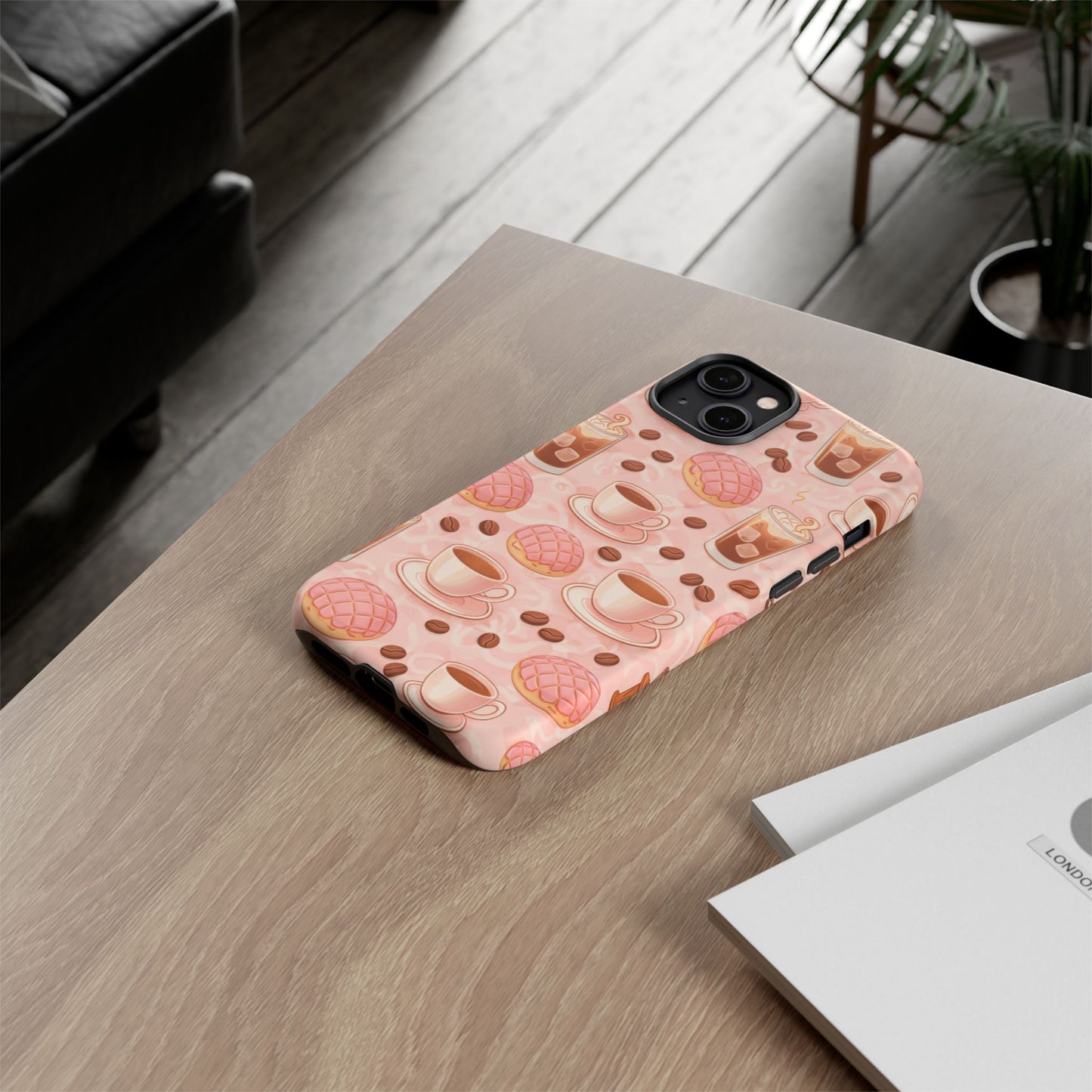 Cute Coffee & Pink Concha Phone Case – Coffee Lover Aesthetic Latte Pattern Tough Case