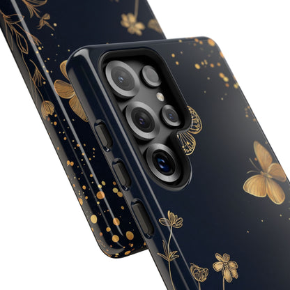 Gold Floral Butterfly Phone Case, Dark Aesthetic Botanical, Elegant Black Luxury iPhone Samsung Cover