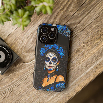 Blue Sugar Skull Woman Phone Case – Day of the Dead Aesthetic Tough Cover