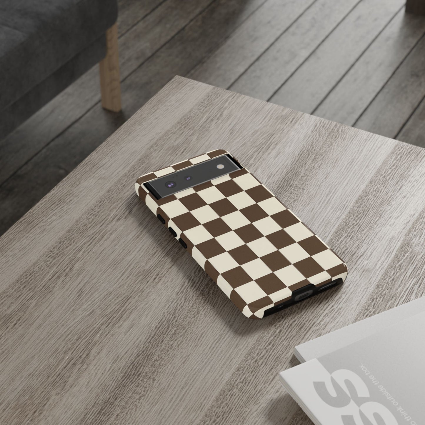 Mocha Checkerboard Phone Case | Neutral Aesthetic Checkered iPhone & Samsung Tough Case