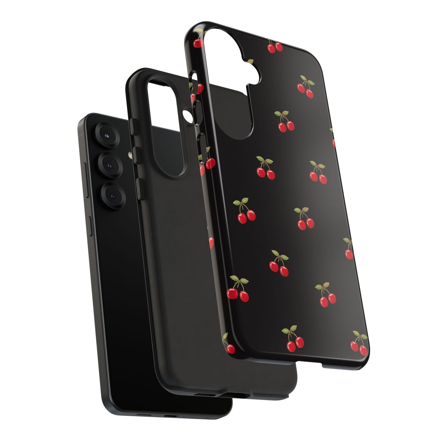 Cherry Pattern Phone Case — Slim Black Protective iPhone Case with Red Cherries for Iphone, Samsung Galaxy and Pixel