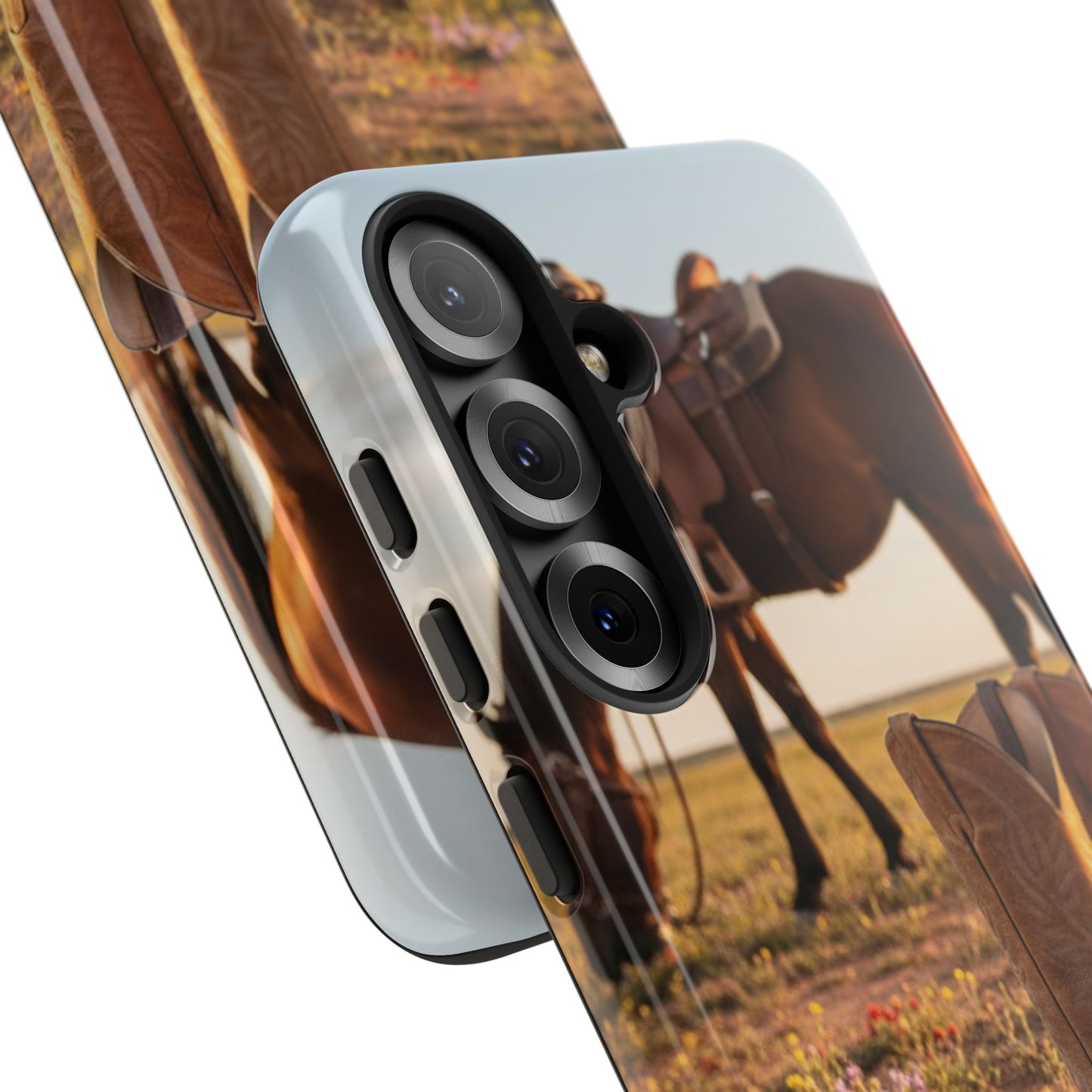 Western Cowboy Boots Phone Case – Rustic Horse Sunset Tough Case (iPhone, Samsung, Pixel)