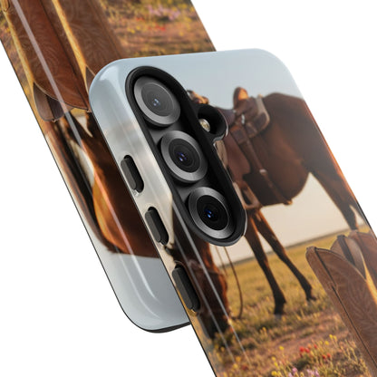 Western Cowboy Boots Phone Case – Rustic Horse Sunset Tough Case (iPhone, Samsung, Pixel)
