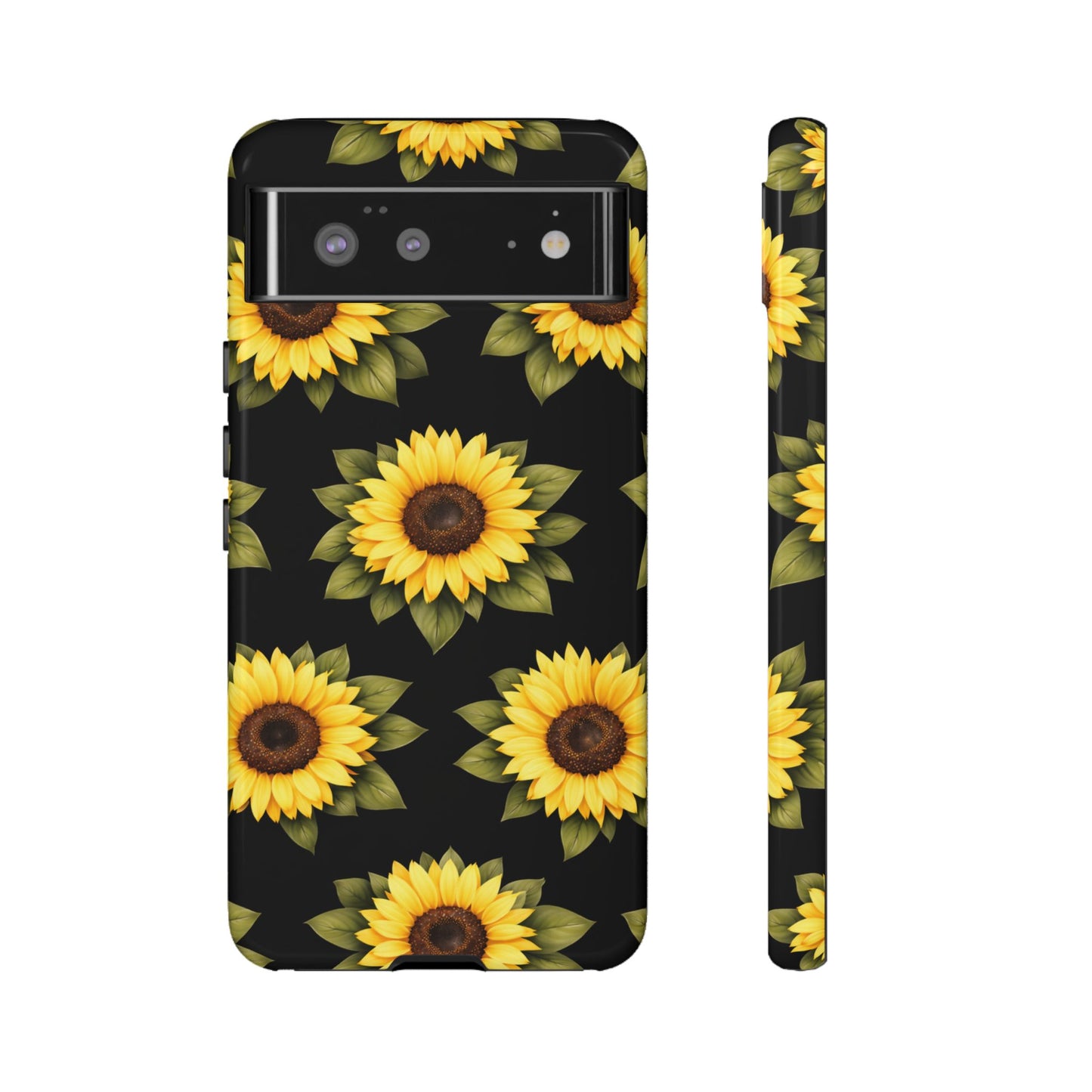 Sunflower Floral Tough Phone Case – Black Background Protective Cover for Iphone, Samsung Galaxy and Pixel