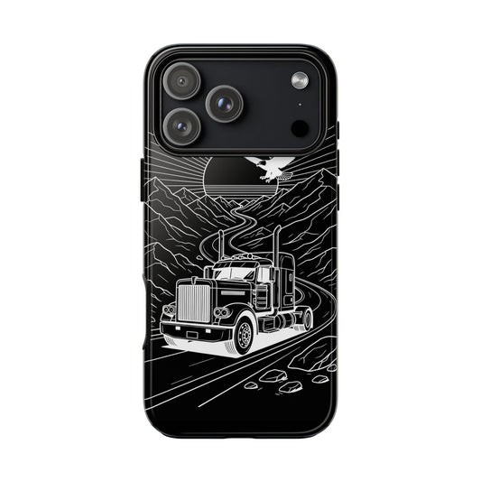 Trucker Highway Phone Case | Eagle & Mountain Line Art | Black Western Tough Case