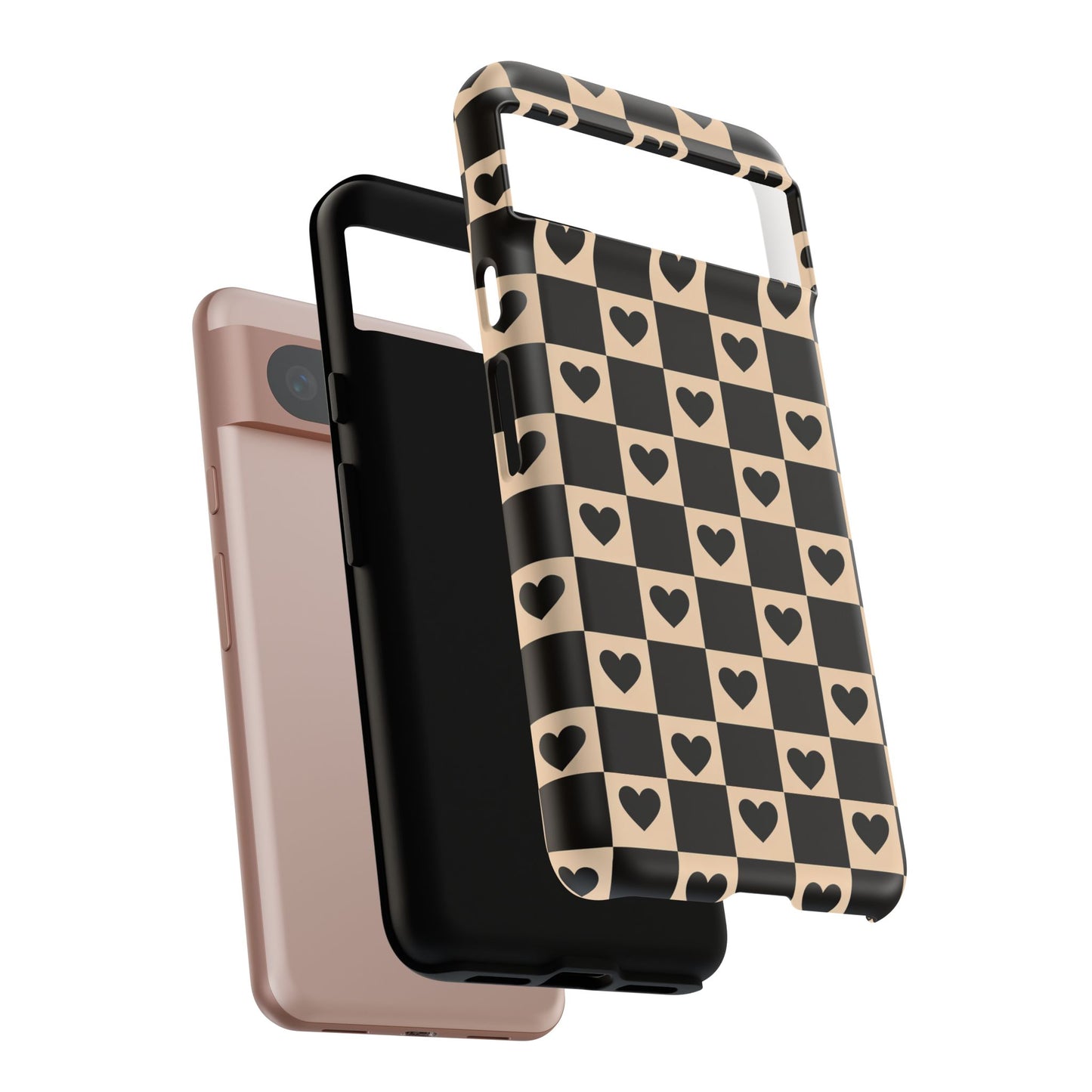 Checkerboard Heart Phone Case – Black & Beige Cute Aesthetic Protective Cover for Iphone, Samsung Galaxy and Pixel