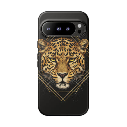 Leopard Head Geometric Phone Case – Black & Gold Luxe Tough Case