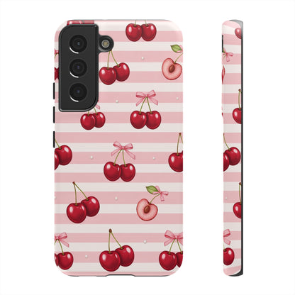 Coquette Cherry Bow Phone Case | Cute Pink Aesthetic Cherry Pattern Tough Case for iPhone & Samsung