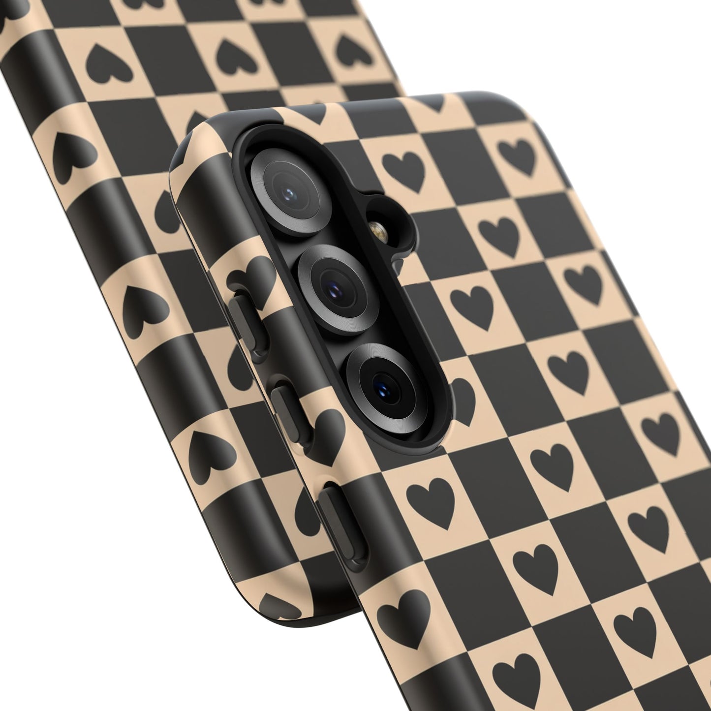 Checkerboard Heart Phone Case – Black & Beige Cute Aesthetic Protective Cover for Iphone, Samsung Galaxy and Pixel