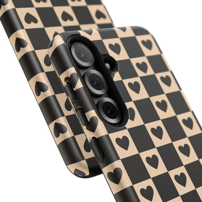 Checkerboard Heart Phone Case – Black & Beige Cute Aesthetic Protective Cover for Iphone, Samsung Galaxy and Pixel
