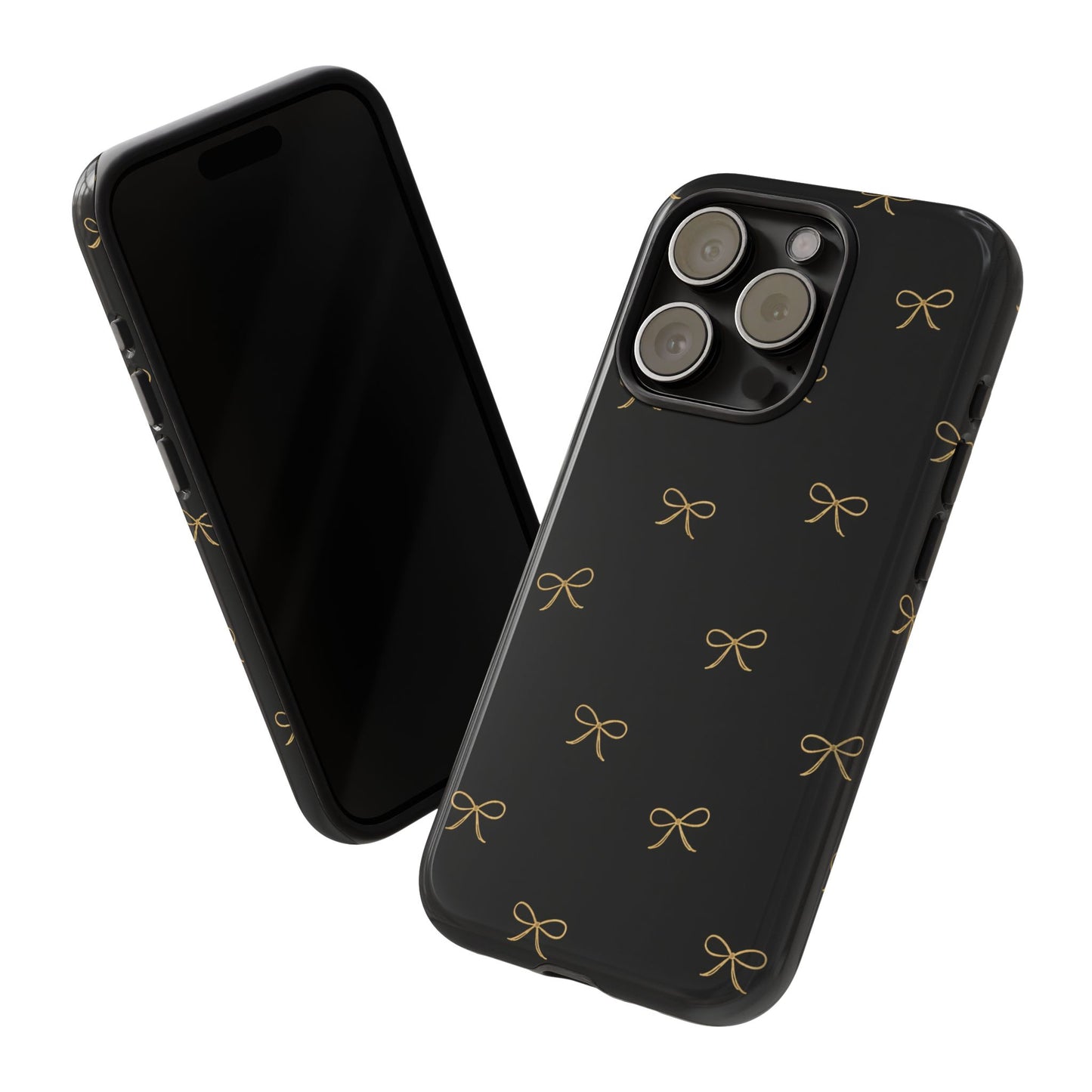 Black Phone Case with Gold Bow Pattern – Slim Protective Cute Aesthetic Cover for Iphone, Samsung Galaxy and Pixel
