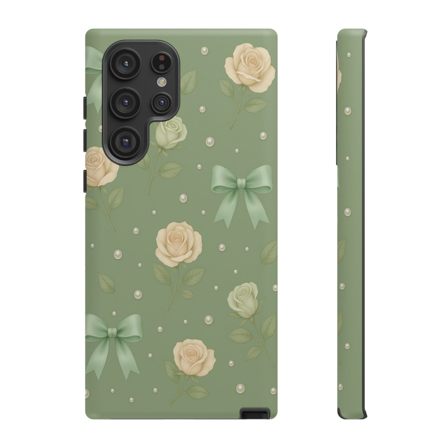 Vintage Rose Bow Phone Case – Sage Green Floral Coquette Aesthetic Tough Case (iPhone, Samsung, Pixel)