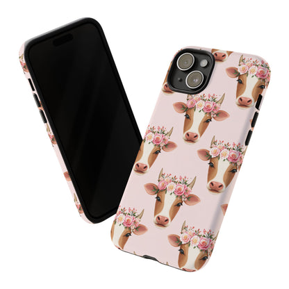 Floral Cow Phone Case – Cute Pink Cow Print Tough Protective Case for Iphone, Samsung Galaxy and Pixel