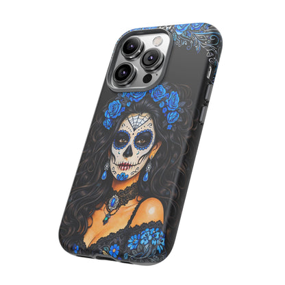 Blue Sugar Skull Woman Phone Case – Day of the Dead Aesthetic Tough Cover