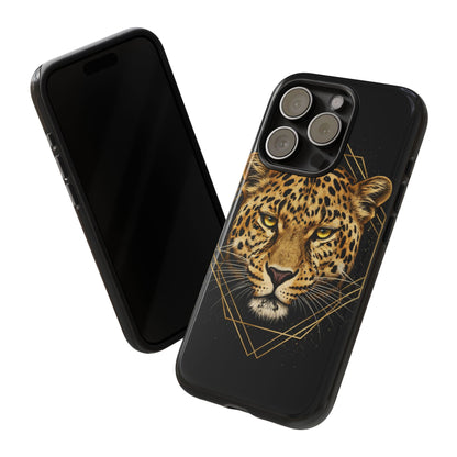 Leopard Head Geometric Phone Case – Black & Gold Luxe Tough Case