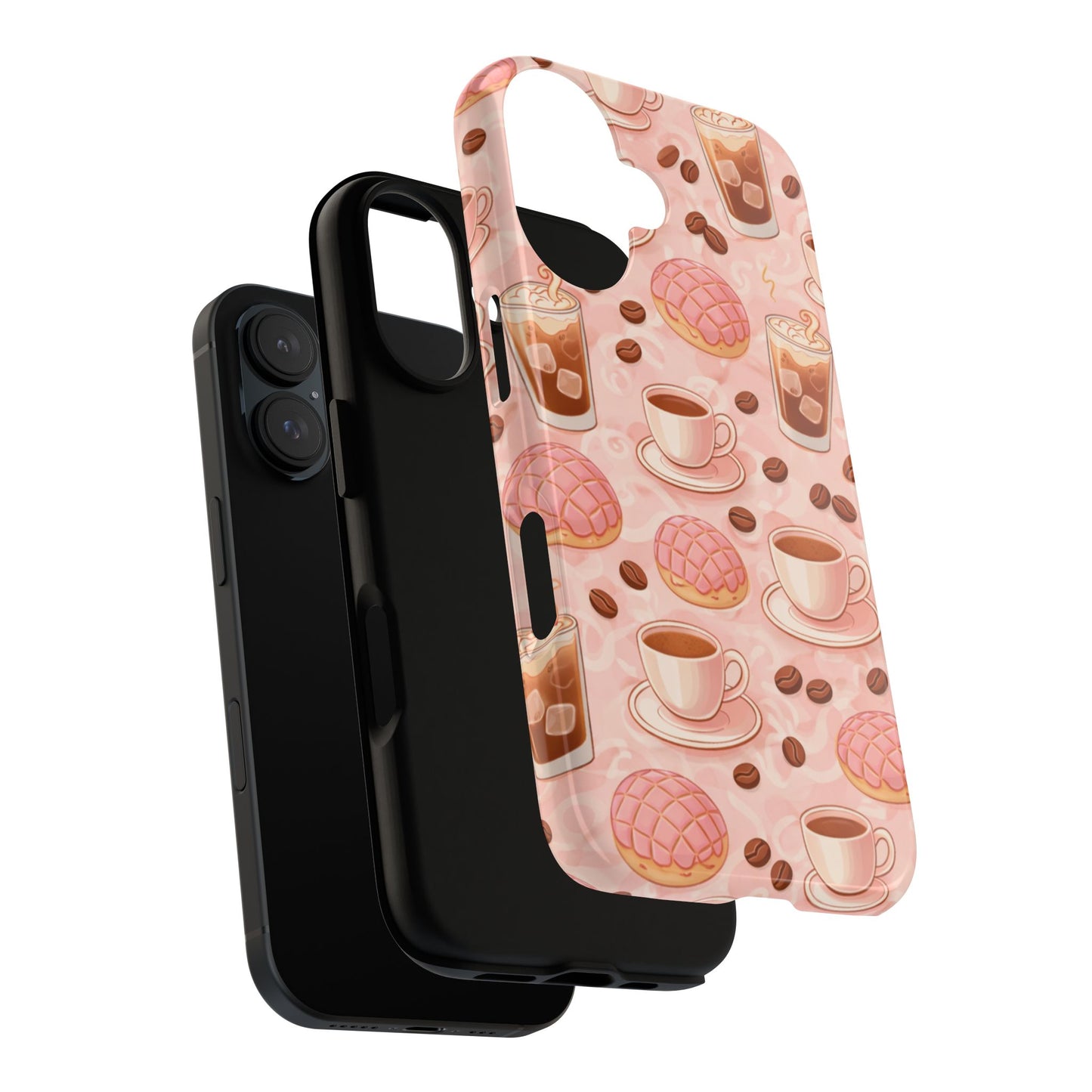 Cute Coffee & Pink Concha Phone Case – Coffee Lover Aesthetic Latte Pattern Tough Case