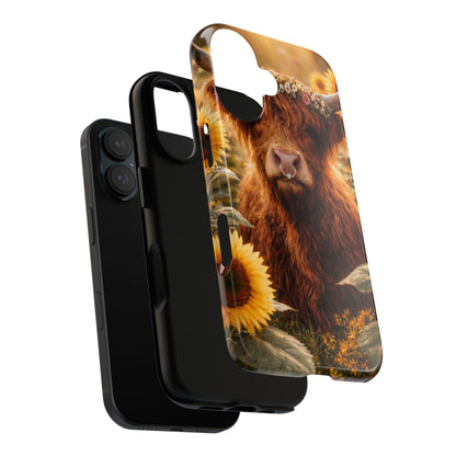 Highland Cow Sunflower Phone Case | Floral Farmhouse iPhone, Samsung Galaxy and Pixel Cover