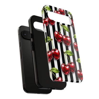 Cherry Pattern Phone Case Black White Stripe Retro Aesthetic Tough Cover