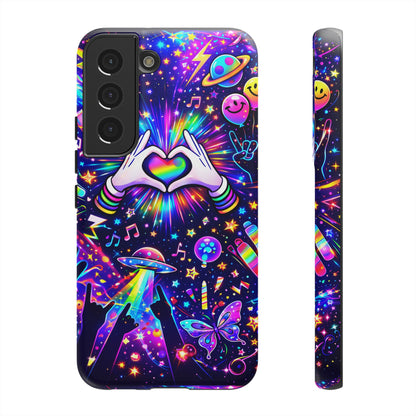 Rainbow Heart Hands Phone Case – Neon Galaxy EDM Festival Tough Cover