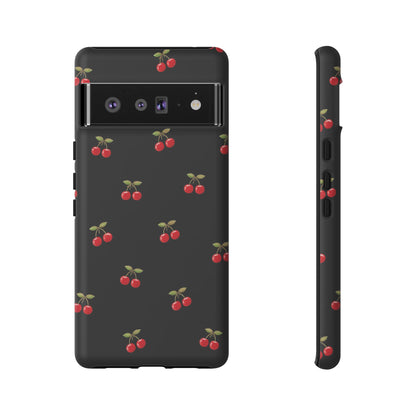 Cherry Pattern Phone Case — Slim Black Protective iPhone Case with Red Cherries for Iphone, Samsung Galaxy and Pixel
