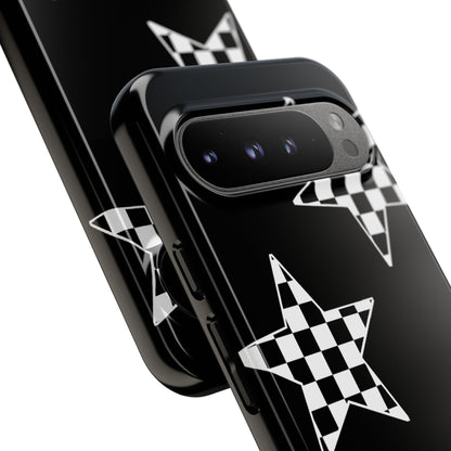 Checkered Star Tough Phone Case – Black Retro Graphic Protective Cover for Iphone, Samsung Galaxy and Pixel