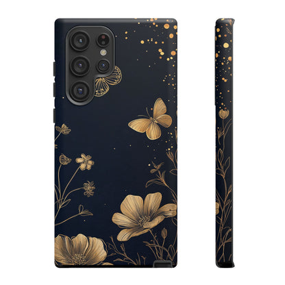 Gold Floral Butterfly Phone Case, Dark Aesthetic Botanical, Elegant Black Luxury iPhone Samsung Cover