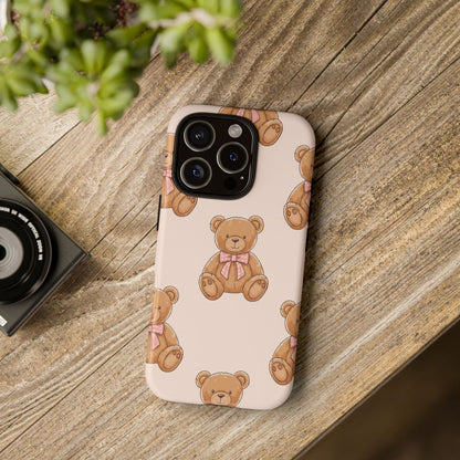 Teddy Bear Phone Case | Cute Coquette Aesthetic Pink Bear Pattern Case | Kawaii Soft Girl iPhone & Samsung Tough Protective Case