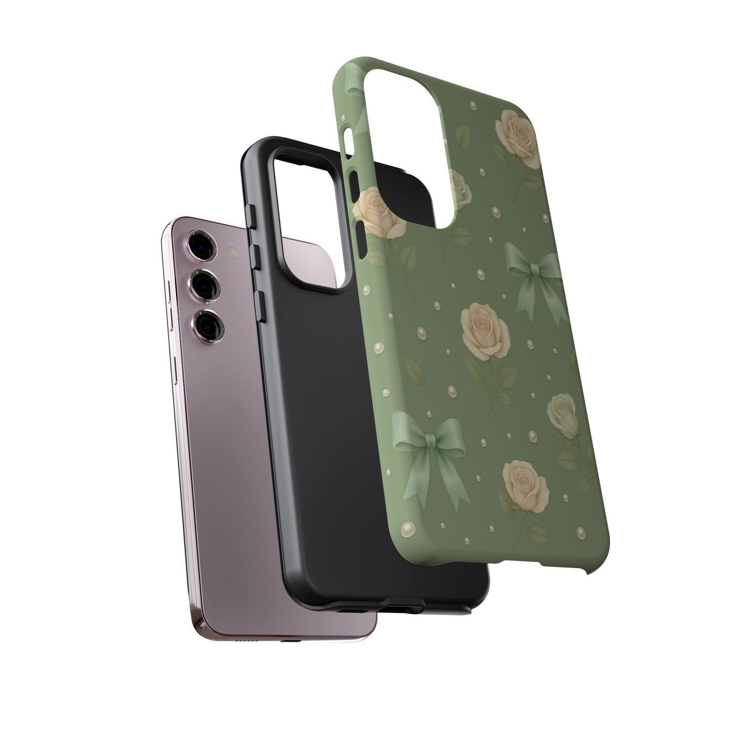 Vintage Rose Bow Phone Case – Sage Green Floral Coquette Aesthetic Tough Case (iPhone, Samsung, Pixel)