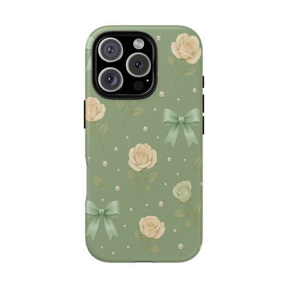 Vintage Rose Bow Phone Case – Sage Green Floral Coquette Aesthetic Tough Case (iPhone, Samsung, Pixel)
